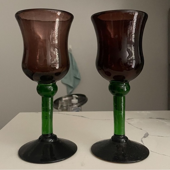 Other - Set Of 2 Hand Blown Glasses Green Brown